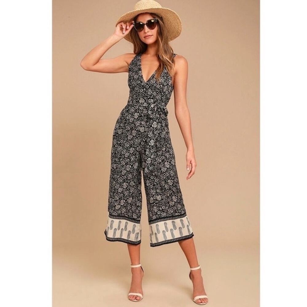 Lulus Amuse Society Boho Flowy Jumpsuit Belted Black and White Small $68
